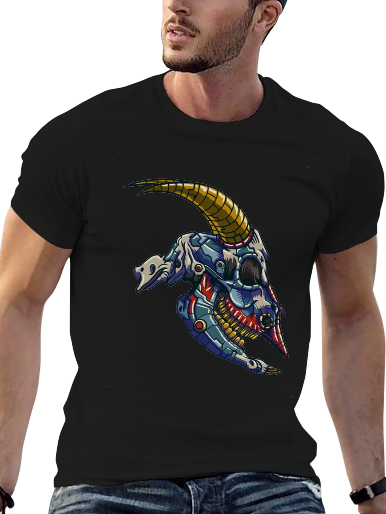 Cyber Goat Skull T-Shirt - Futuristic Design