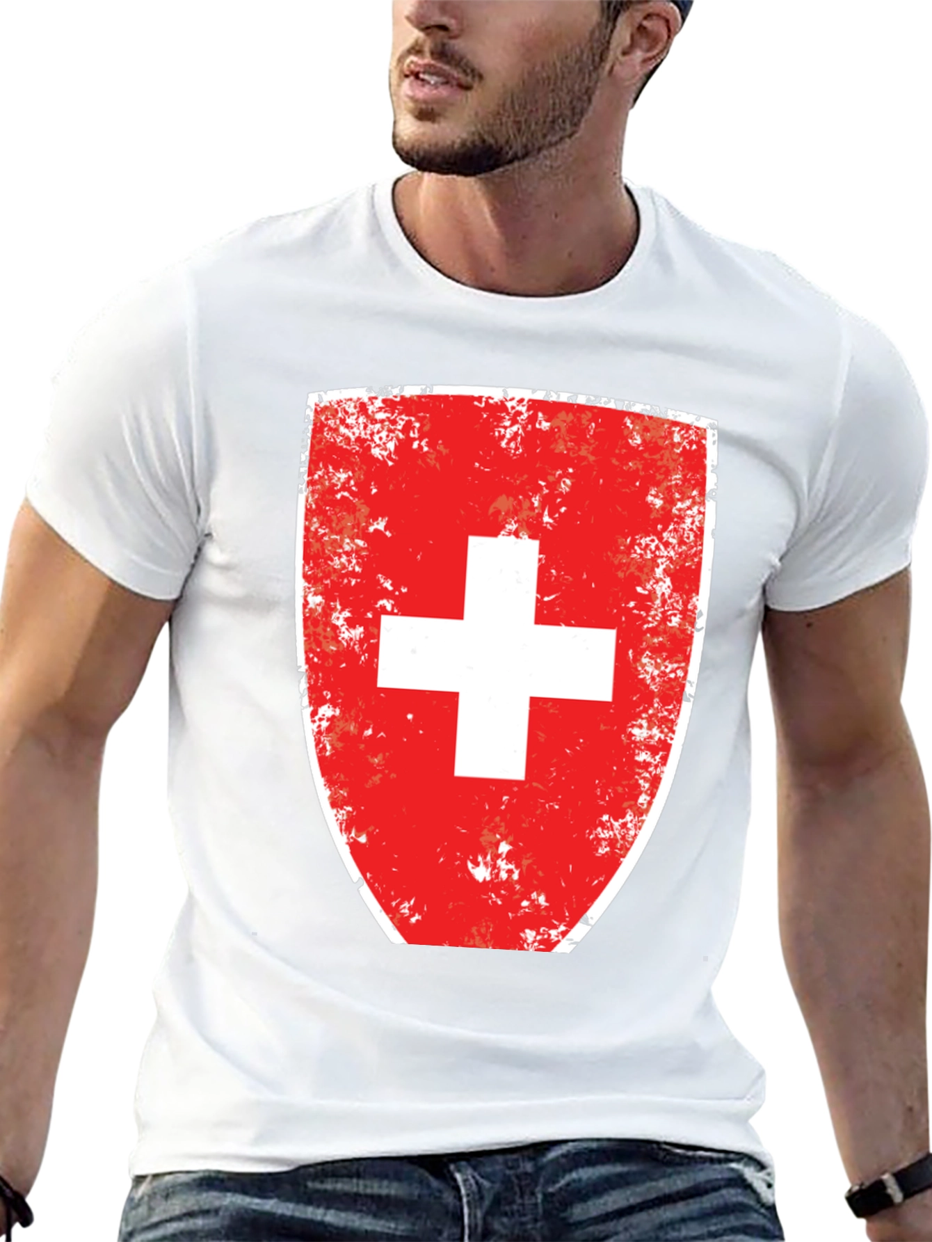 Distressed Swiss Flag Shield Graphic T-Shirt