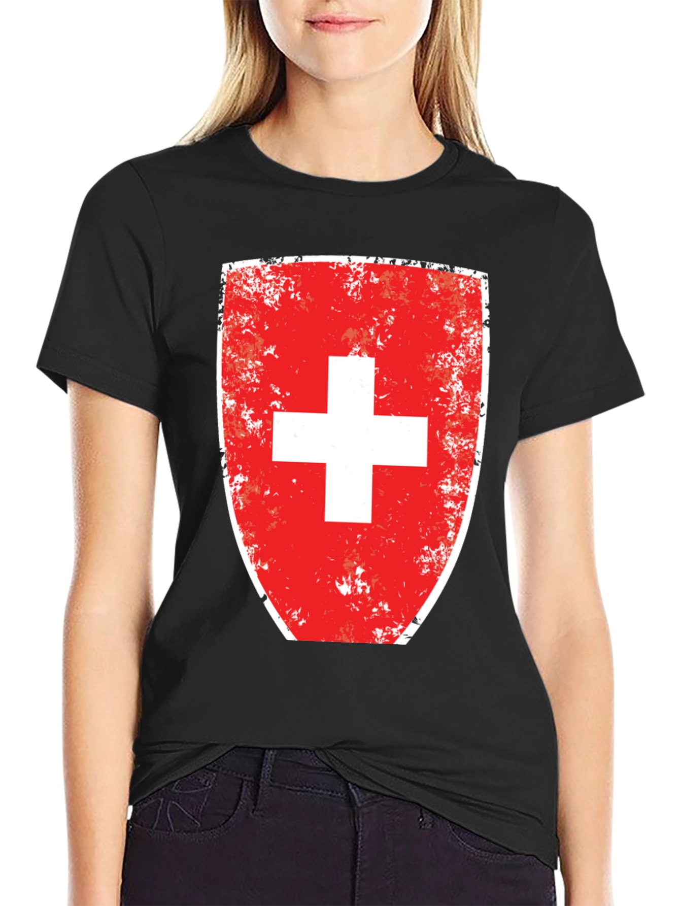 Distressed Swiss Flag Shield Graphic T-Shirt