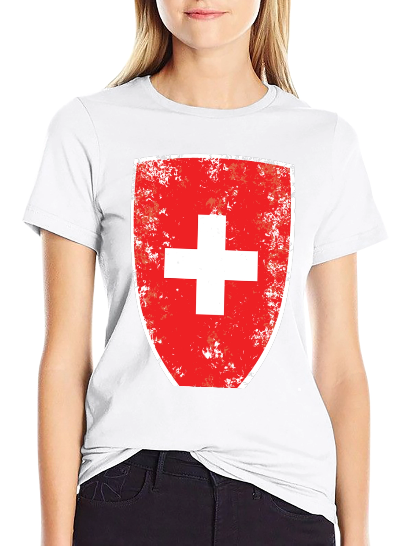 Distressed Swiss Flag Shield Graphic T-Shirt