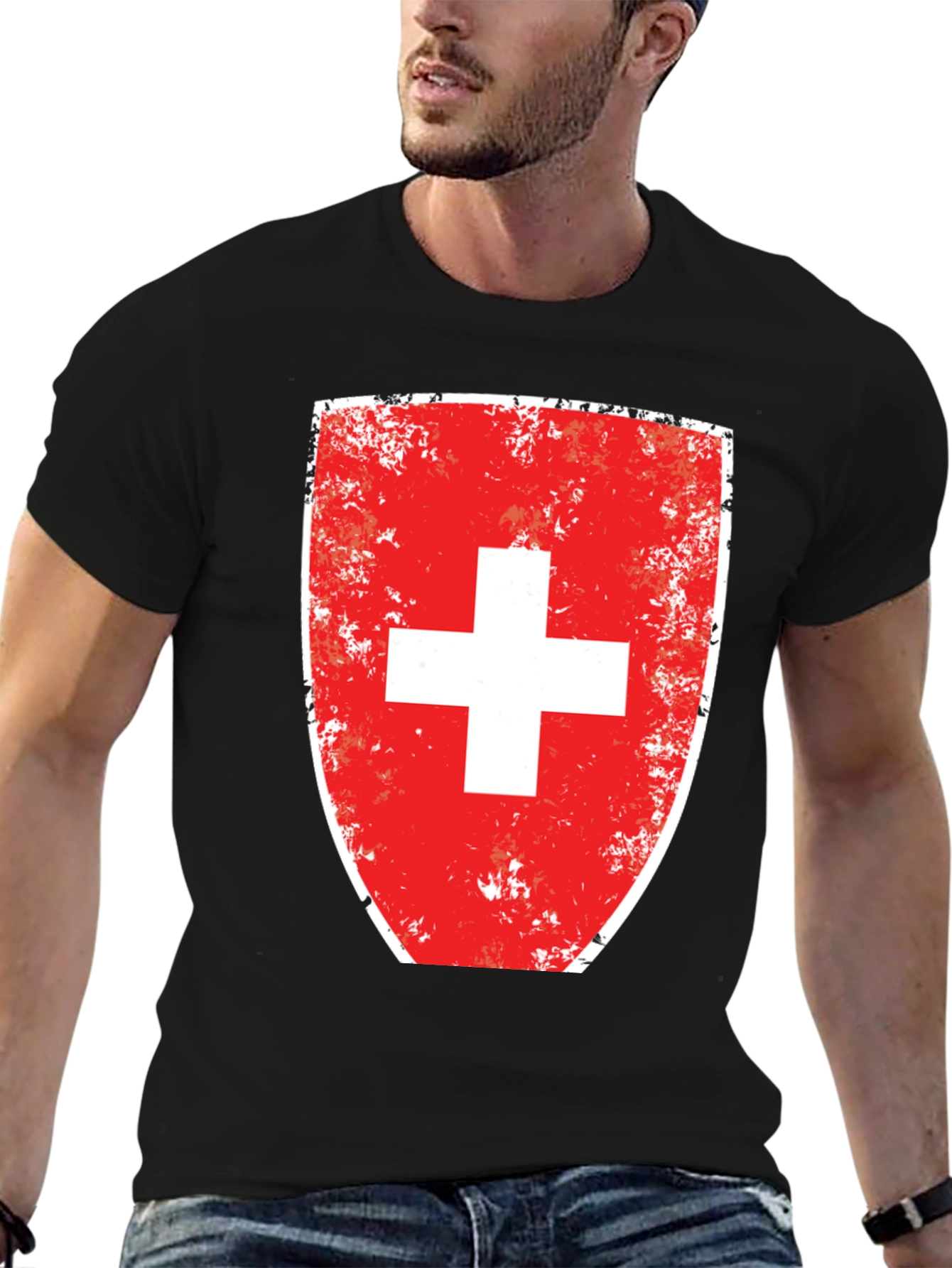 Distressed Swiss Flag Shield Graphic T-Shirt