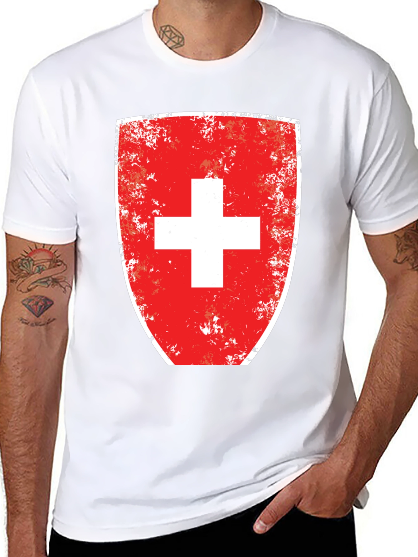 Distressed Swiss Flag Shield Graphic T-Shirt